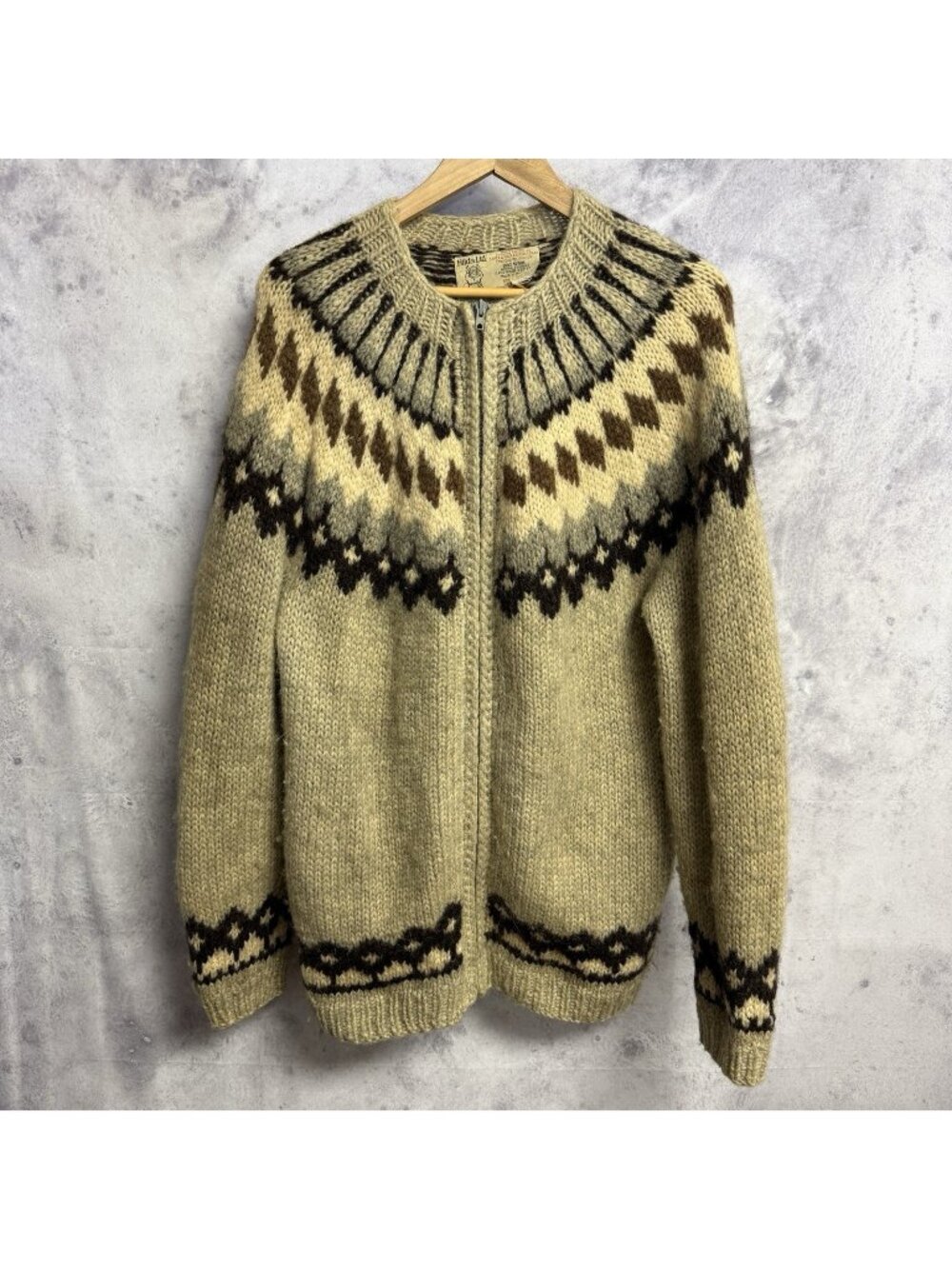 Hilda Ltd Icelandic Wool Geometric Zip Cardigan Sweater Brown Mens XL